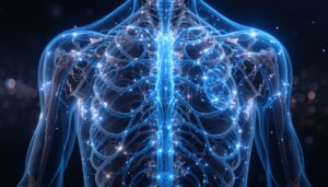 High-tech, glowing blue representation of the upper human torso, emphasizing the skeletal structure and a detailed, energetic visualization of the central nervous system or nervous system pathways throughout the arms and chest area against a dark background.