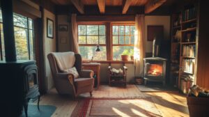 Cozy room with a chair by a window, warm natural light, bookshelves, and a quiet space for rest and reflection.
