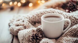 A warm mug of hot chocolate rests on a cozy knit blanket with festive lights in the background