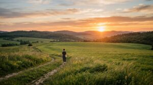 A person walking along a grassy path at sunset, with open fields and hills in the distance.