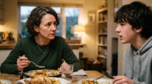Young person speaking with an older adult who has paused during a meal to listen attentively.